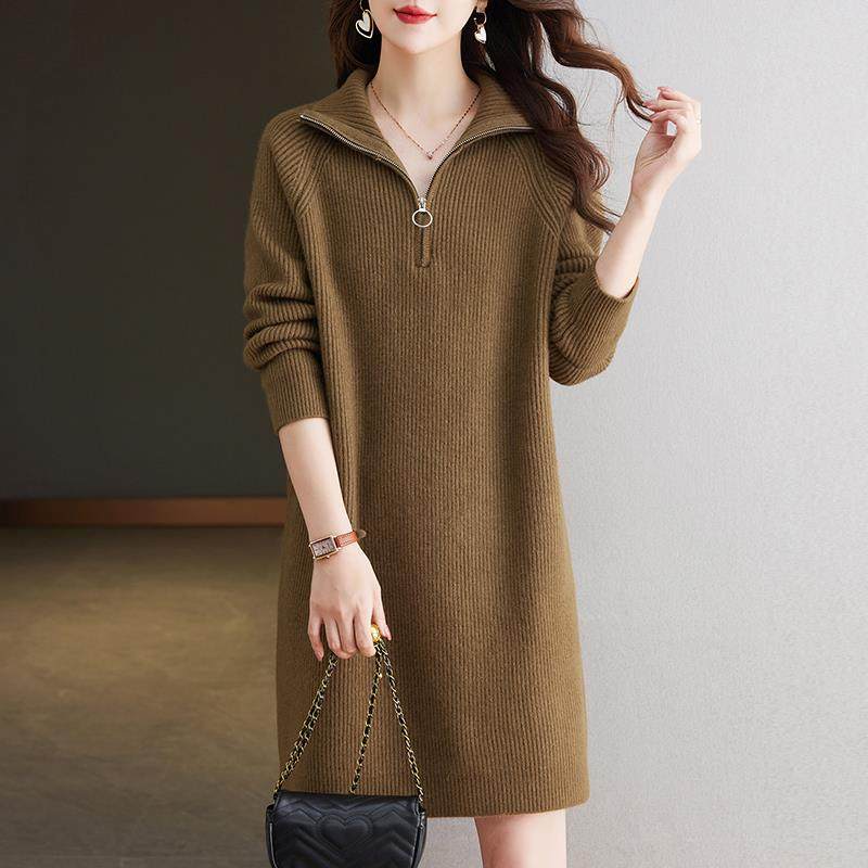 翻领拉链毛衣女秋冬中长款打底衫宽松大码女装羊毛衫毛衣裙胖妹妹