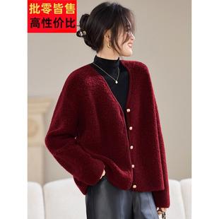 纯羊毛外套女士春秋短款红色上衣气质高级感洋气毛衣开衫2025新款
