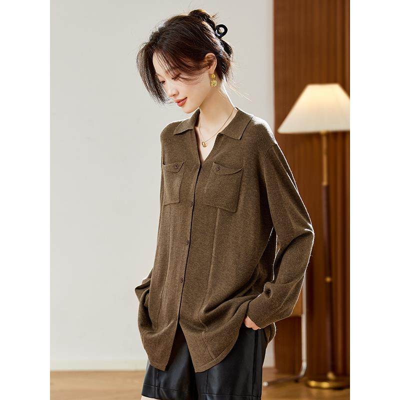 羊毛衫衬衣领针织衫女开衫中长款毛衣外套POLO领蝙蝠衫宽松大码秋