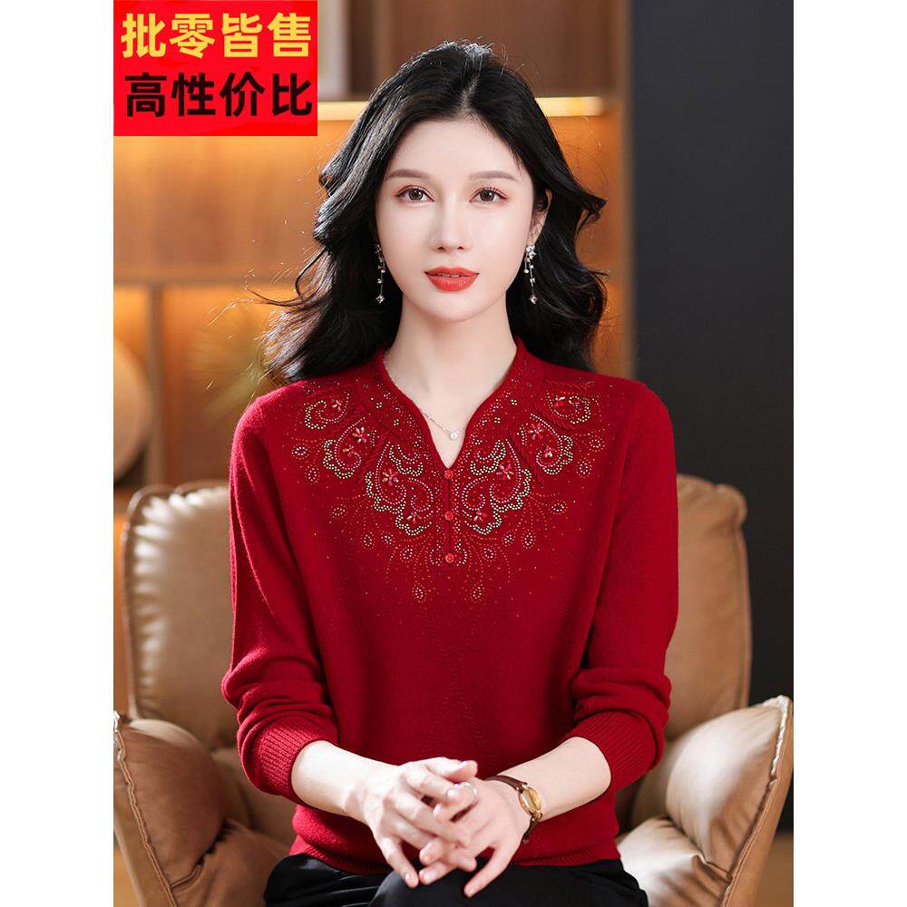 100纯羊毛衫妈妈本命年毛衣秋冬女装中老年V领红色毛衣婆婆打底衫