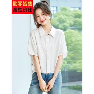 夏日轻薄短袖衬衫女装2025新款宽松显瘦休闲条纹衬衣法式洋气上衣