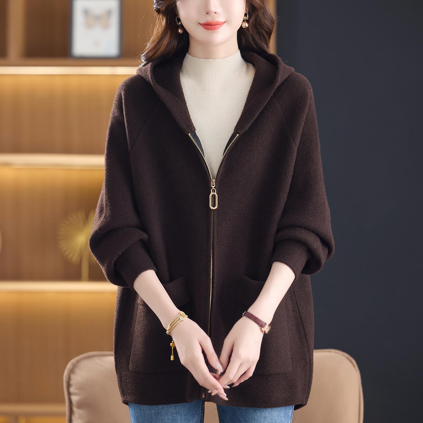 加肥加大码新款女装秋冬连帽毛呢外套宽松休闲胖妹妹双面羊绒大衣