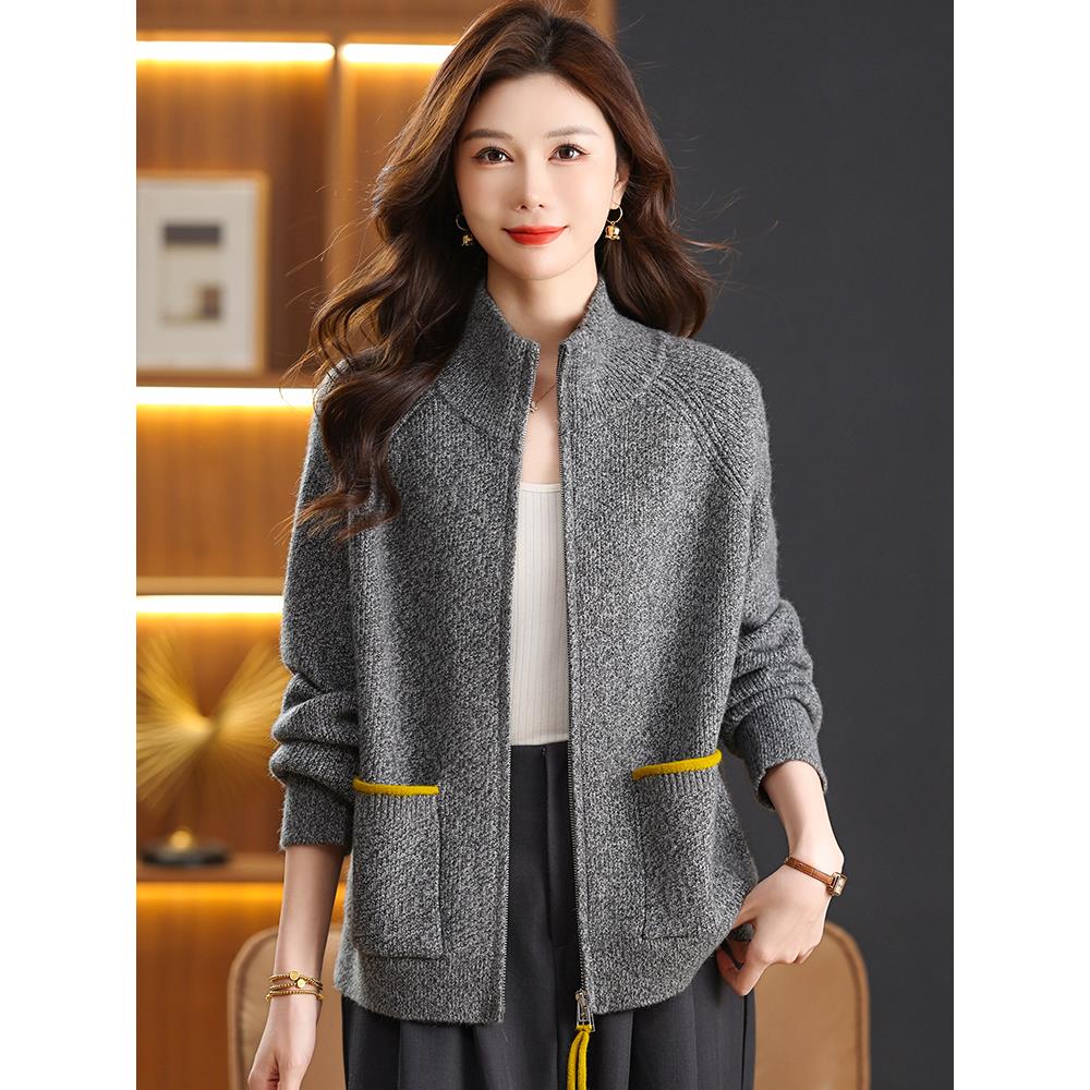立领毛衣外套春秋大码时尚高级感女装2025年新款洋气宽松针织开衫