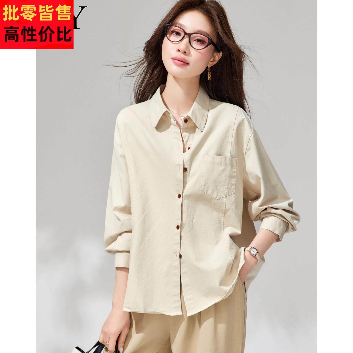 2026春装新款纯棉通勤小众职业衬衫休闲宽松遮肉口袋上衣外搭女装