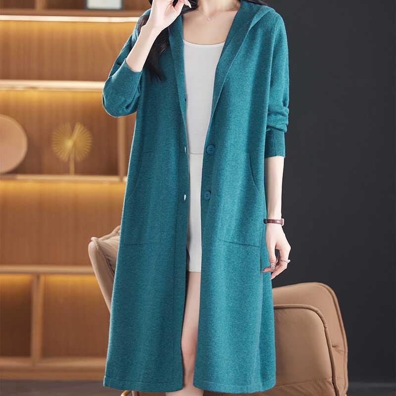 女式连帽针织外套中长款春秋2025年新款百搭薄款秋季毛衣开衫过膝