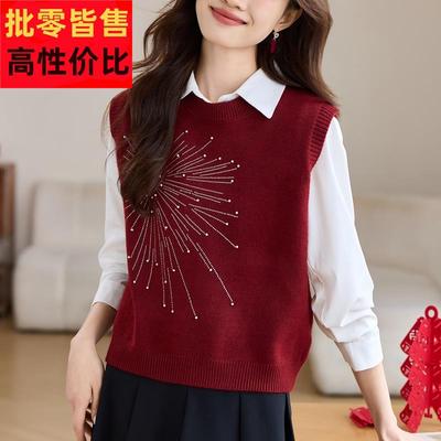红色针织马甲背心女款2024新款冬季外穿毛衣背心秋冬内搭叠穿马夹