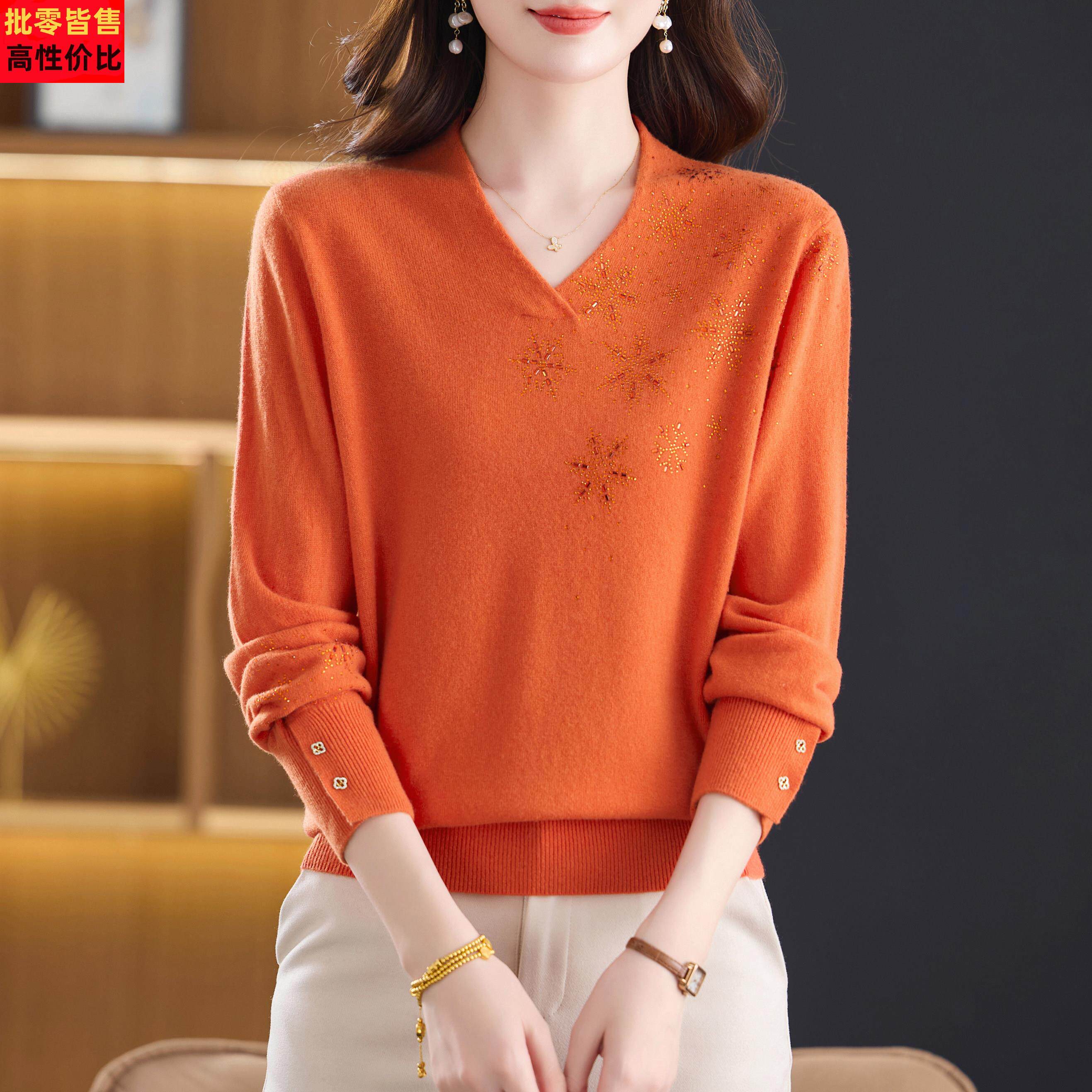 新款100%纯羊绒衫女V领毛衣秋冬宽松时尚显瘦洋气妈妈羊毛打底衫