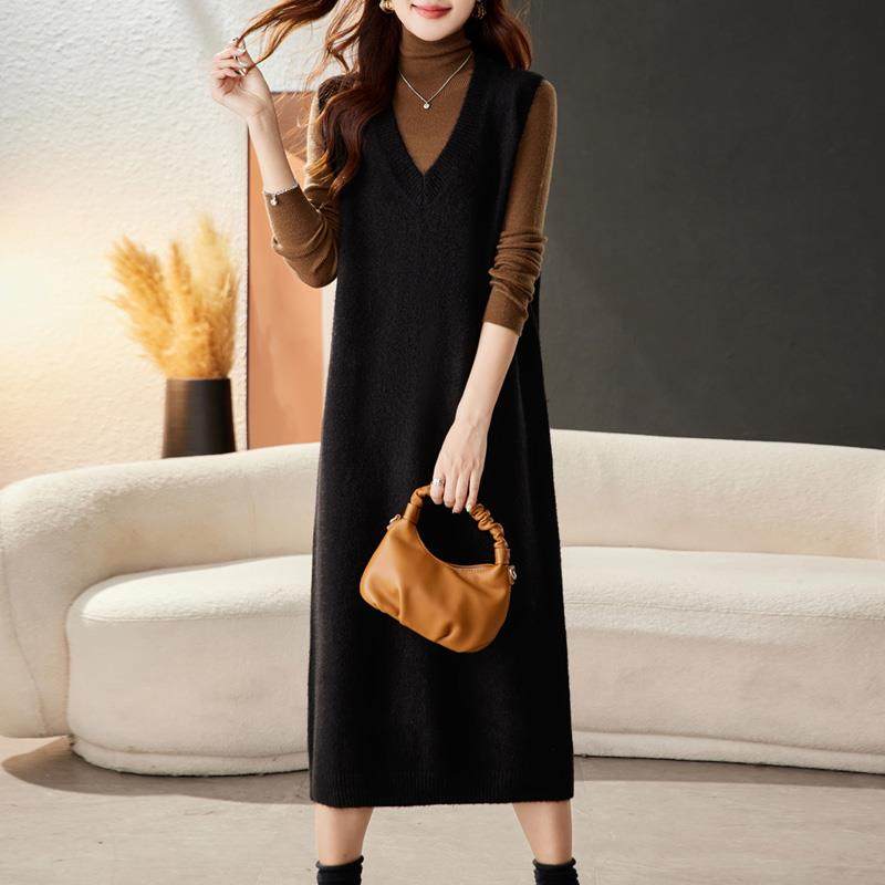 鸡心领无袖马甲背心女超长款过膝毛衣裙宽松大码女装羊毛衫外穿冬