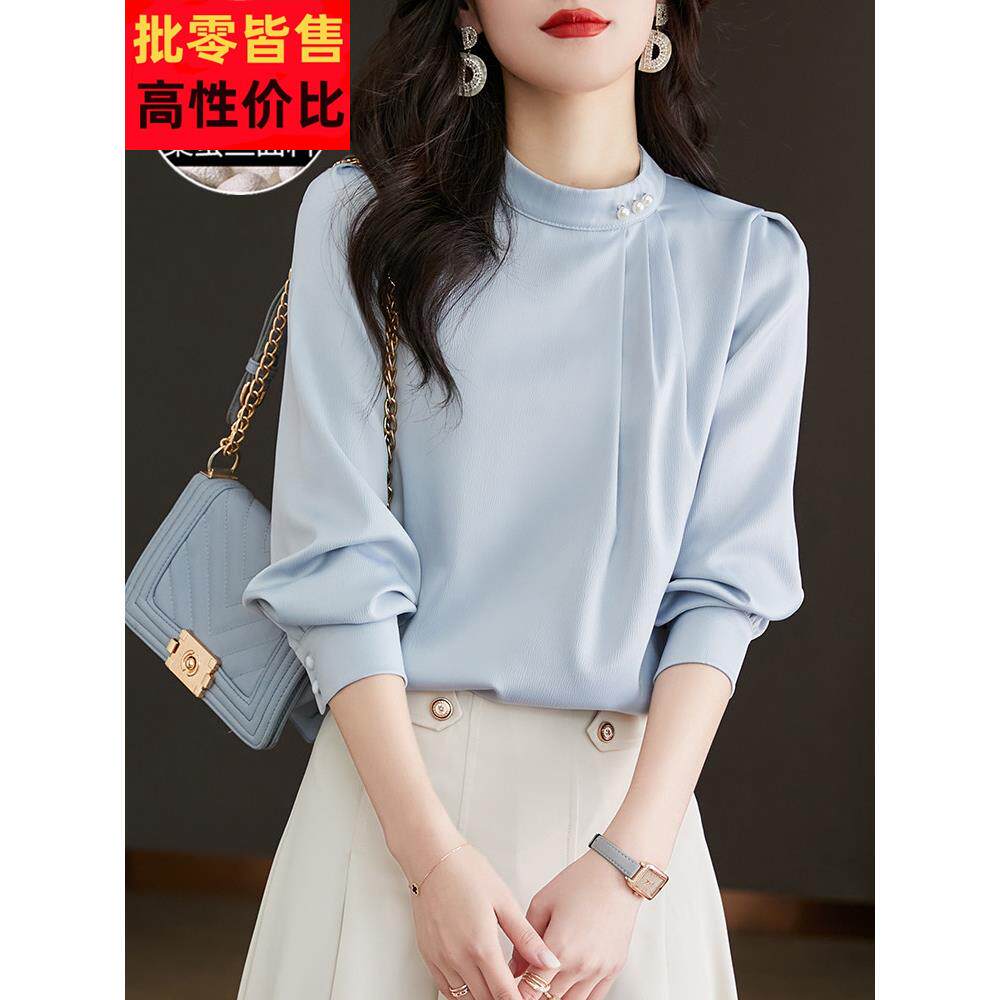 春季2025新款蓝色丝绸衬衫女士设计利基法国桑蚕丝女士衬衫上衣