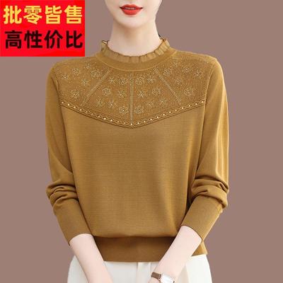 高端桑蚕丝长袖T恤女妈妈春季蕾丝洋气减龄宽松大码针织小衫上衣