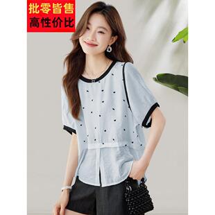 2025新夏季假两件式色块休闲微胖利基t恤宽松覆盖腹部套头衫减少