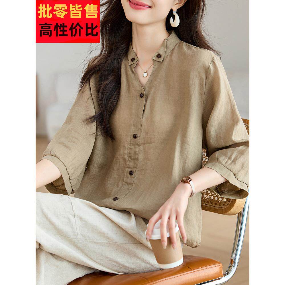七分袖苎麻衬衫女夏季2025年新款宽松休闲棉麻上衣宽松v领女士t恤