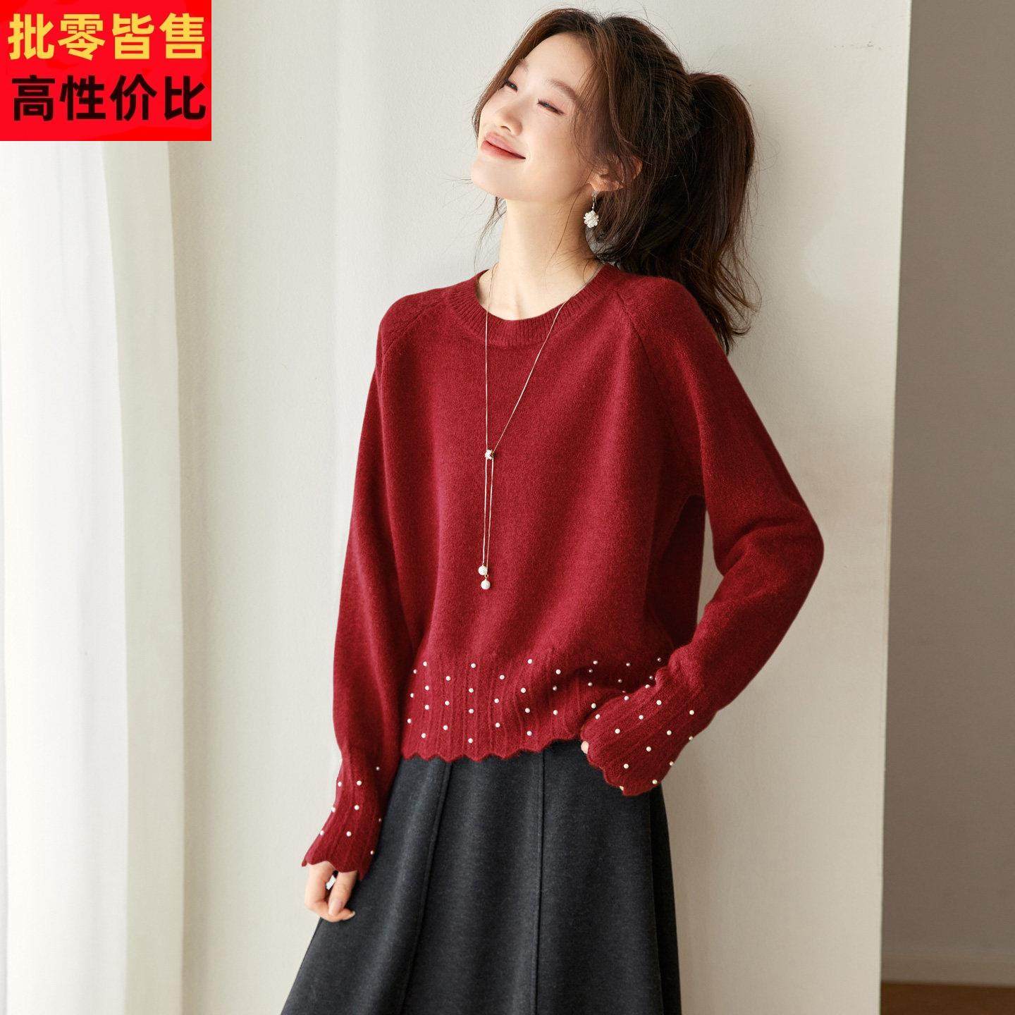 红色本命年圆领针织衫女秋冬高级感爆款慵懒宽松毛衣内搭打底上衣