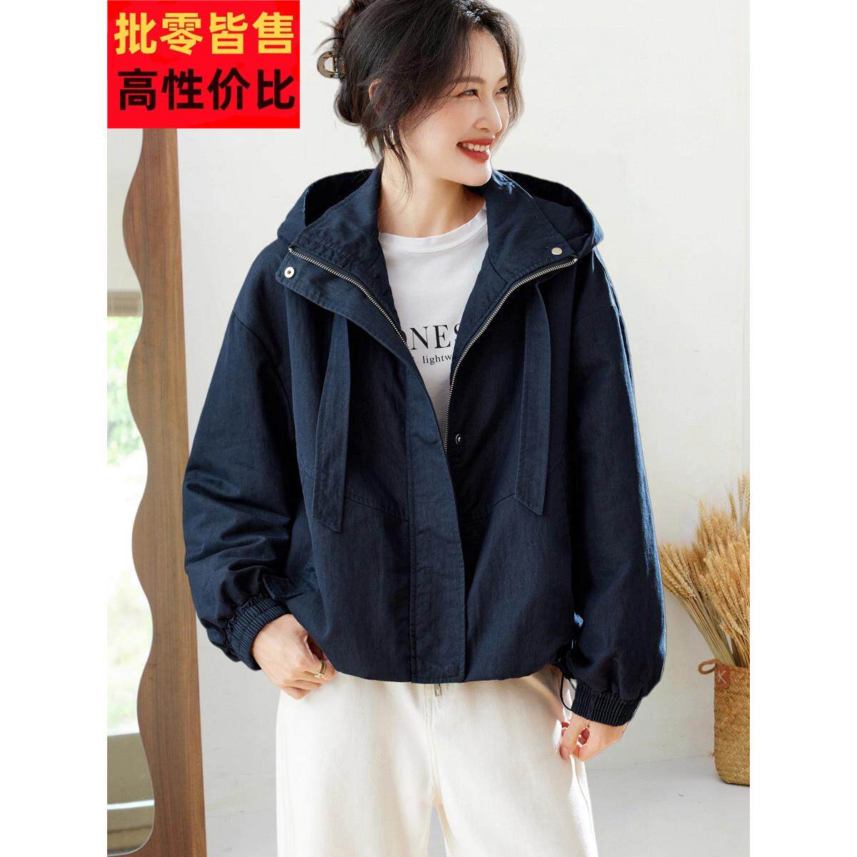 2025冬季新款小众设计感宽松连帽短外套拉炼休闲遮肚子抽绳棉服女