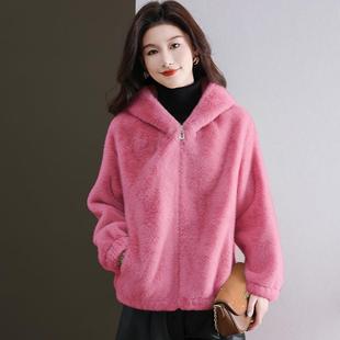 水貂绒皮草大衣外套女开衫短款拉链连帽衫宽松羊毛衫拉链水貂毛厚