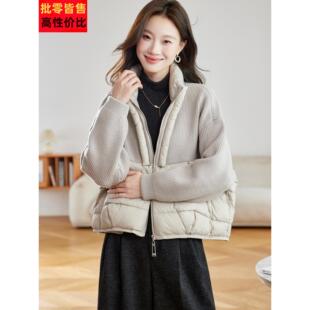 拉炼立领棉衣外套女2025冬季新款小个子短款针织拼接加厚保暖棉服