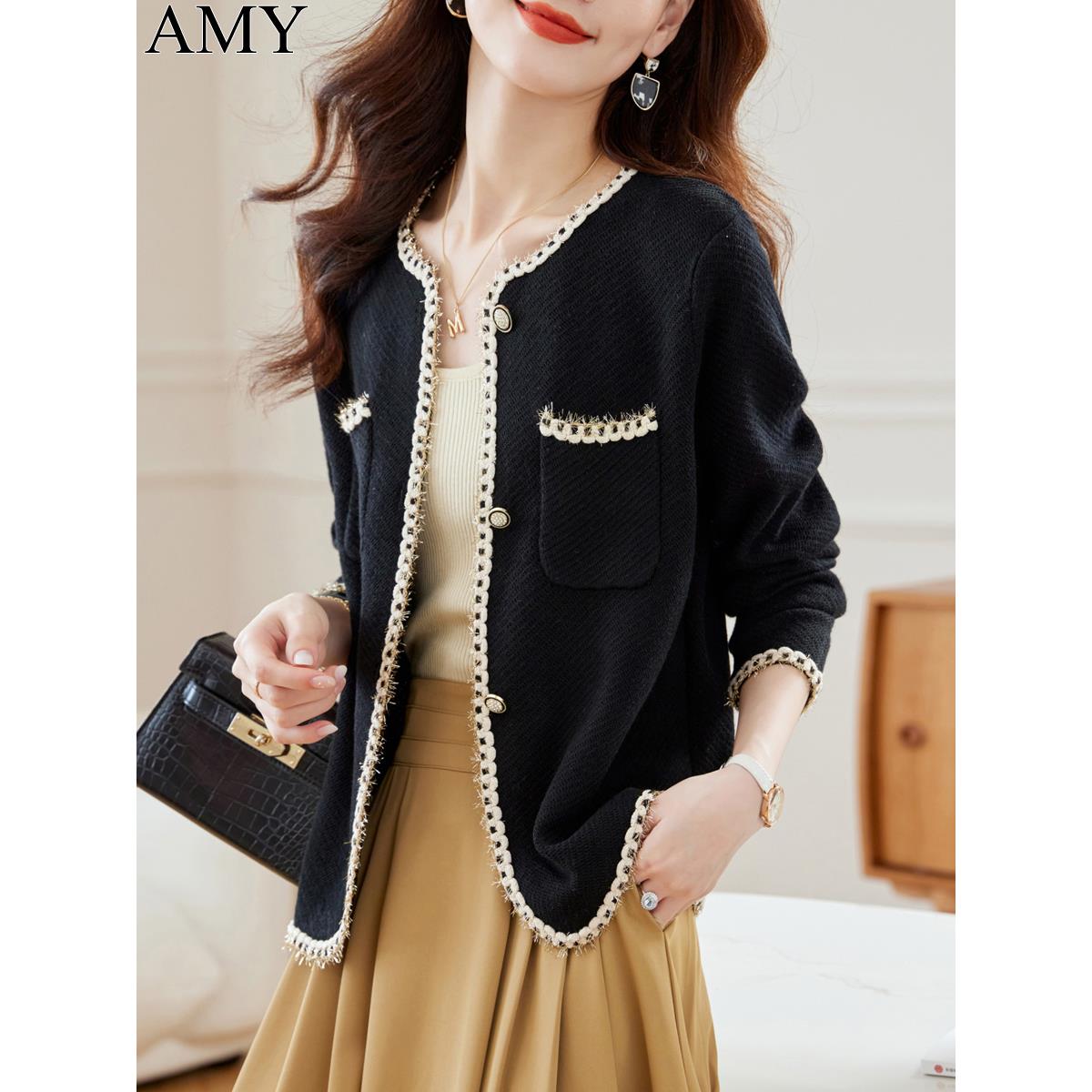 2025秋季新款女士法式小香风针织开衫圆领高级感黑色外套上衣外搭