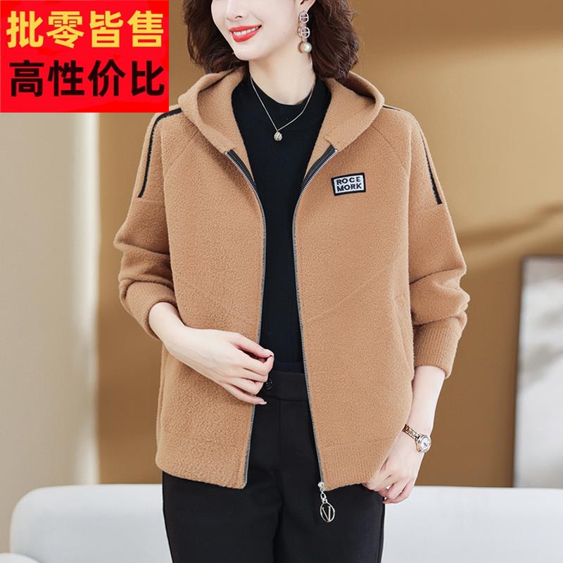 时尚休闲连帽拉链女士毛呢外套秋冬新款中年妈妈显瘦双面羊绒大衣
