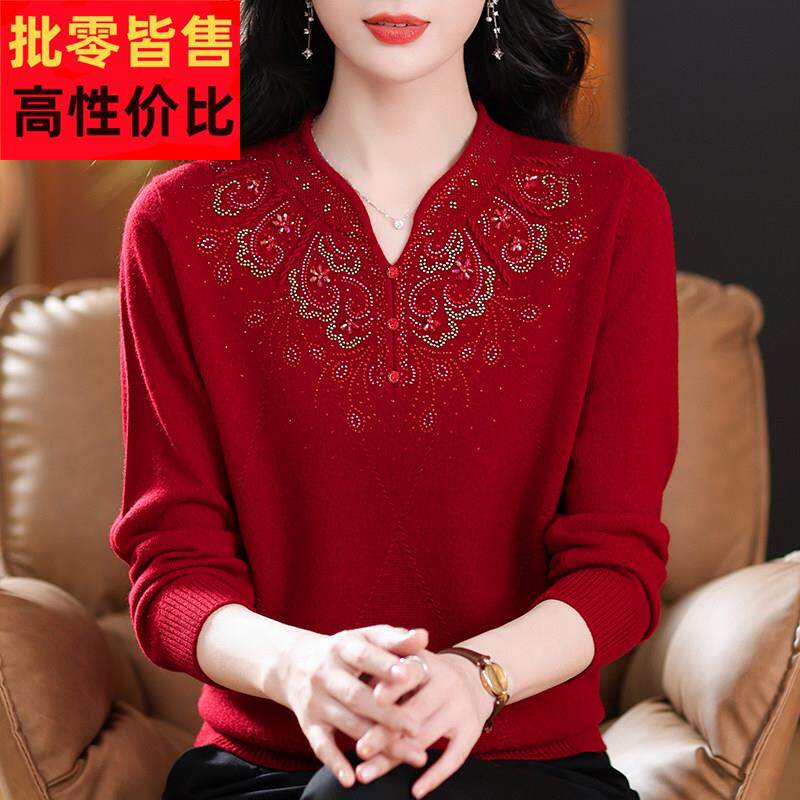 秋冬新款红色高档羊毛衫女妈妈镶钻宽松大尺码毛衣中老年人打底上