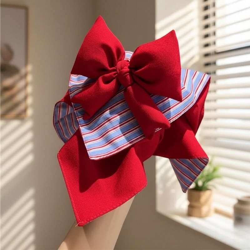 2025新款法式甜美布艺条纹蝴蝶结方巾马尾抓夹高级感半扎发夹头饰
