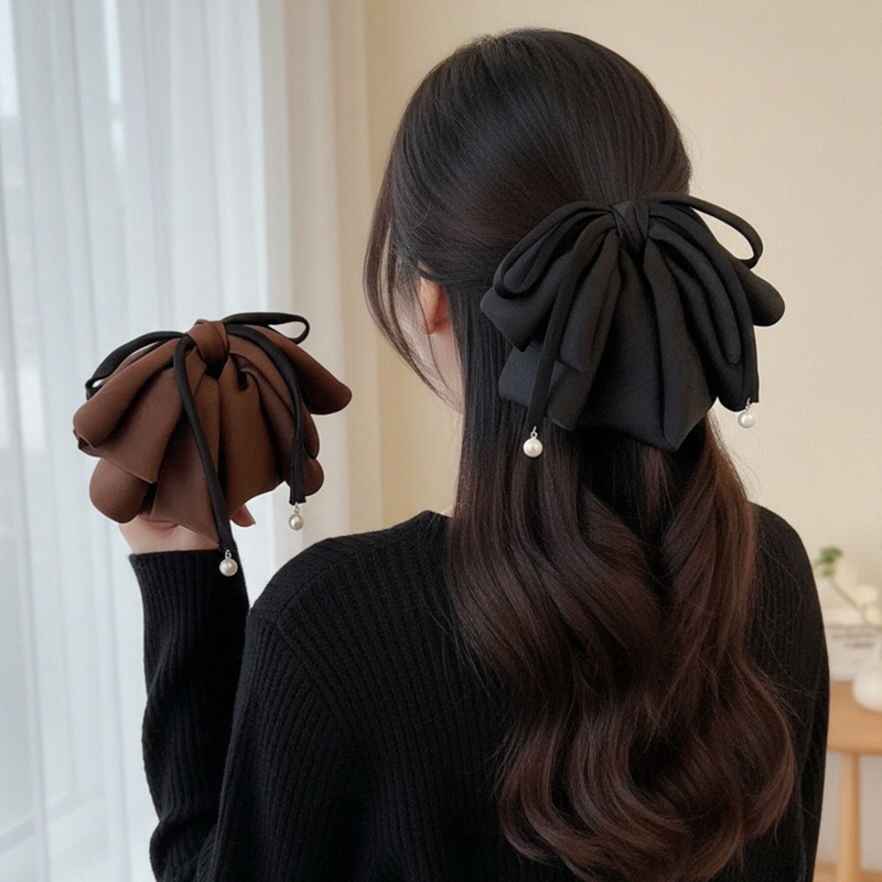 时尚气质飘带提花缎面珍珠款蝴蝶结马尾夹优雅后脑勺发夹抓夹头饰