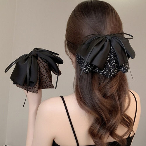 复古风飘带豹纹缎面蝴蝶结抓夹女新款马尾夹轻奢半扎后脑勺盘发夹