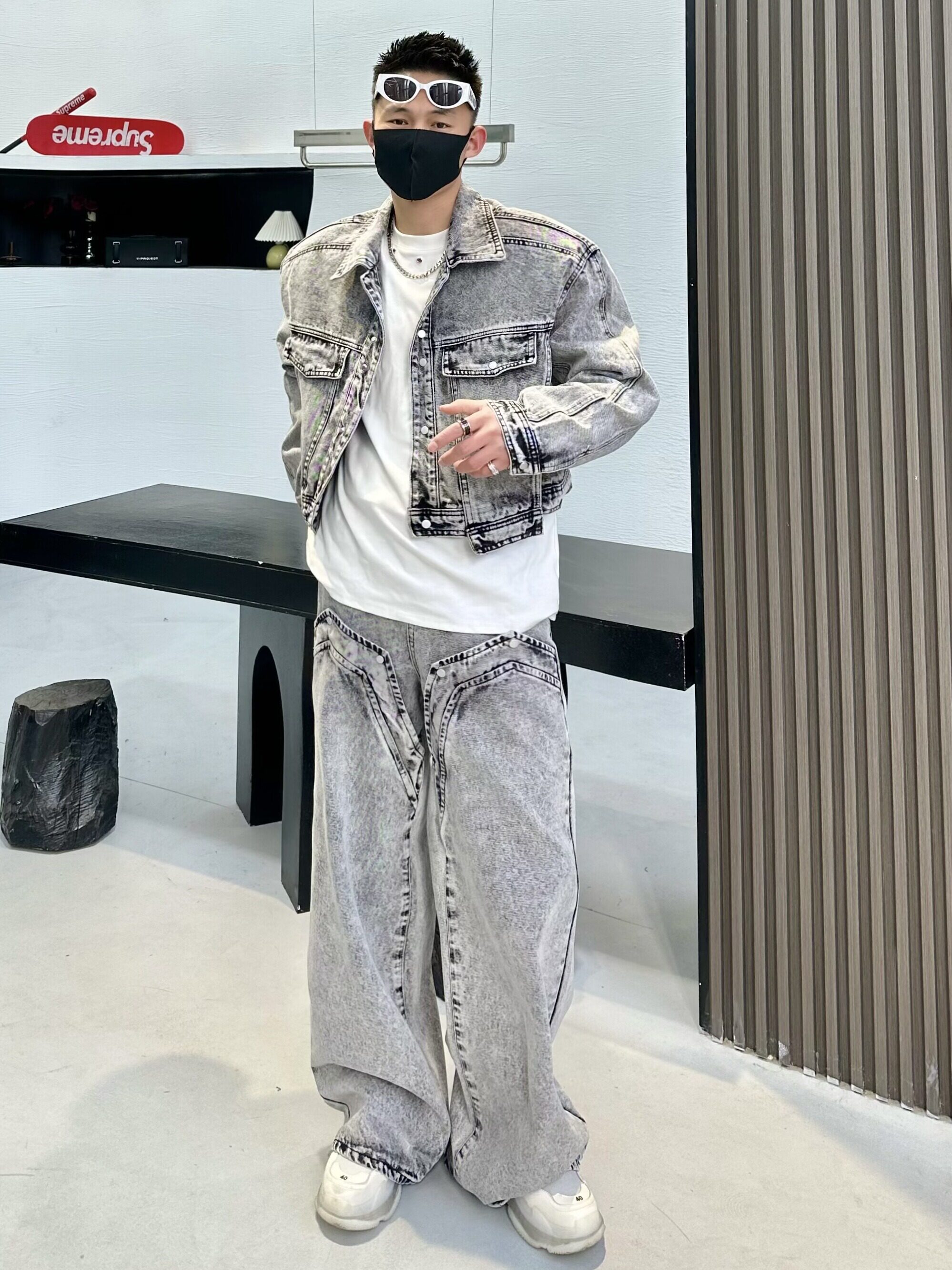 커플을 위한 패션 브랜드 코트 하이엔드 핸섬 봄 가을 재킷과 데님 수트 홍콩 스타일의 롱팬츠 투피스 세트