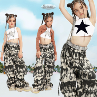 新款女童爵士舞街舞hiphop少儿嘻哈五角星背心工装长裤套装演出服