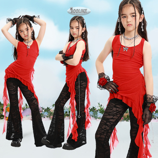 街舞女童爵士舞jazz儿童喇叭裤套装潮服夏季女团少儿表演套装新款