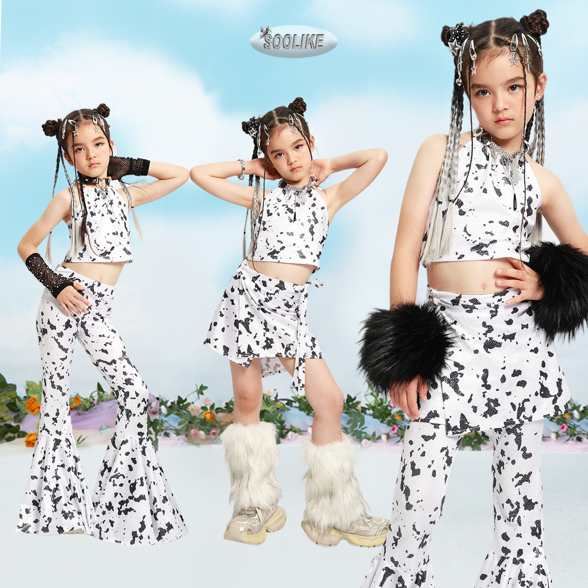 女童黑白爵士舞演出服女孩嘻哈爵士舞少儿waacking舞蹈街舞潮服