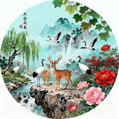 中式 饰画客厅卧室画仙鹤牡丹大公鸡圆形画自粘贴壁画 山水花鸟装