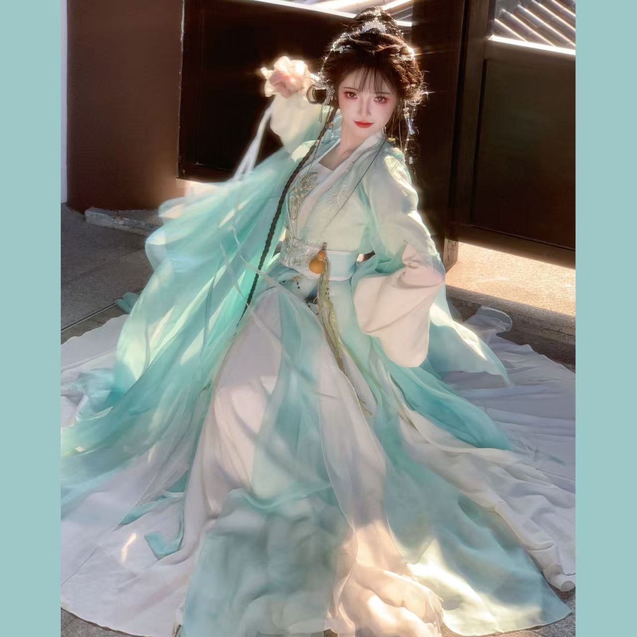 仙女风汉服女套装青色飘逸仙气古风春夏古装长裙