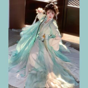 仙女风汉服女套装青色飘逸仙气古风春夏古装长裙