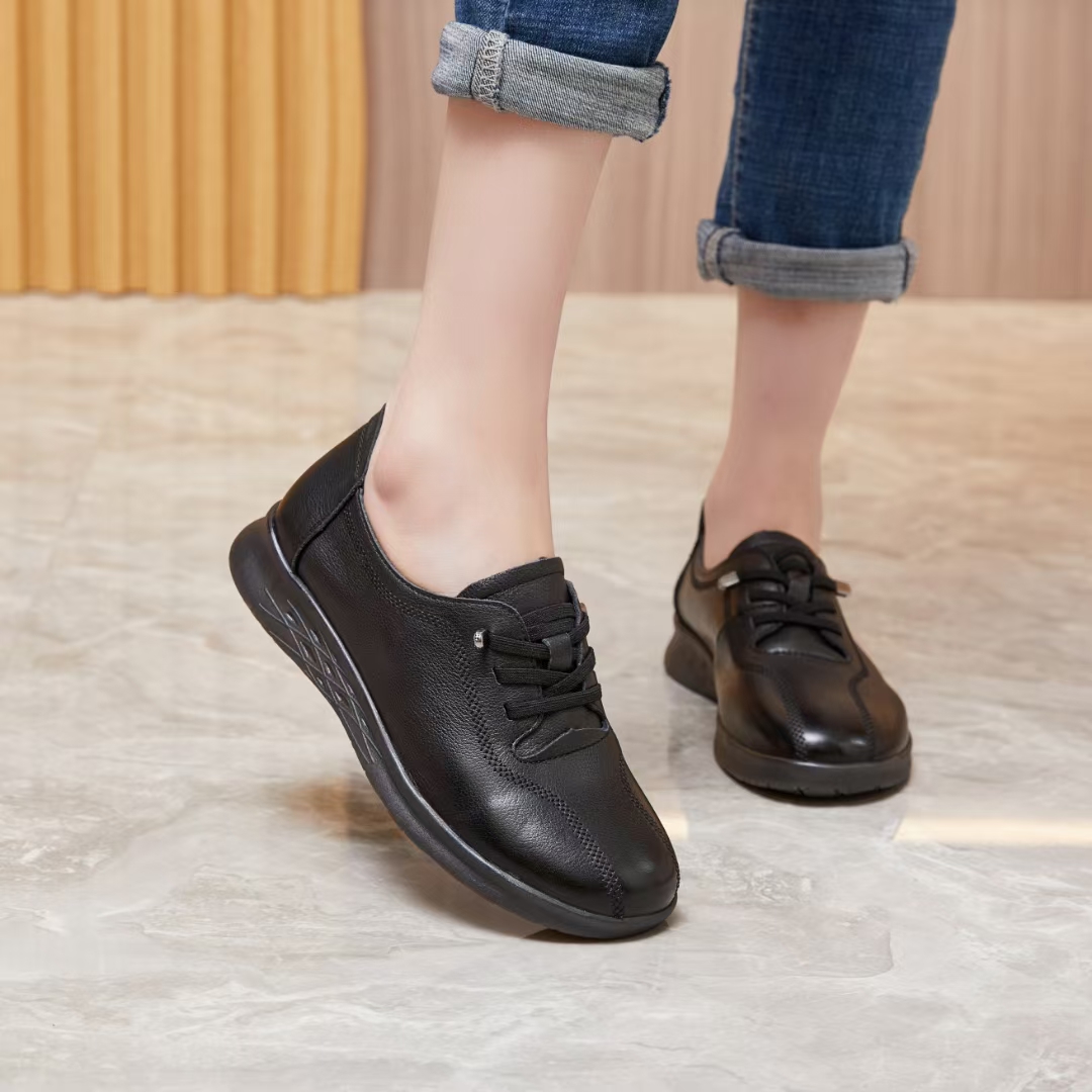 母后真皮女鞋新平底防滑耐磨牛筋底圆头舒适百搭中老年妈妈鞋单鞋