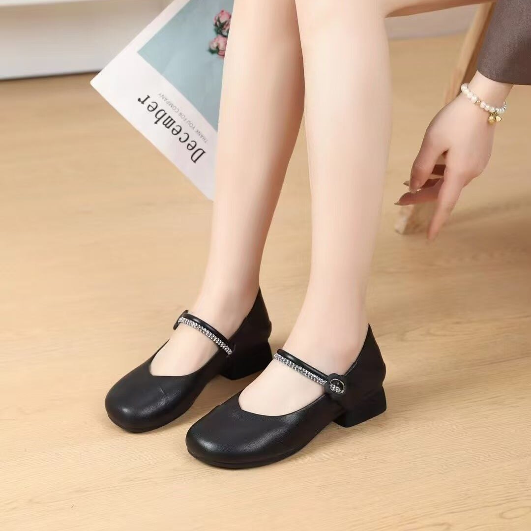 母后女鞋品牌正品春秋新真皮时尚百搭粗跟浅口舒适通勤玛丽珍单鞋