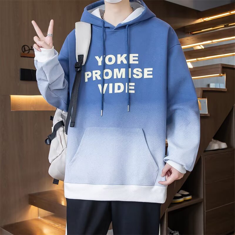 胖子春秋季渐变连帽卫衣男士休闲宽松加肥加大码套头工装运动上衣