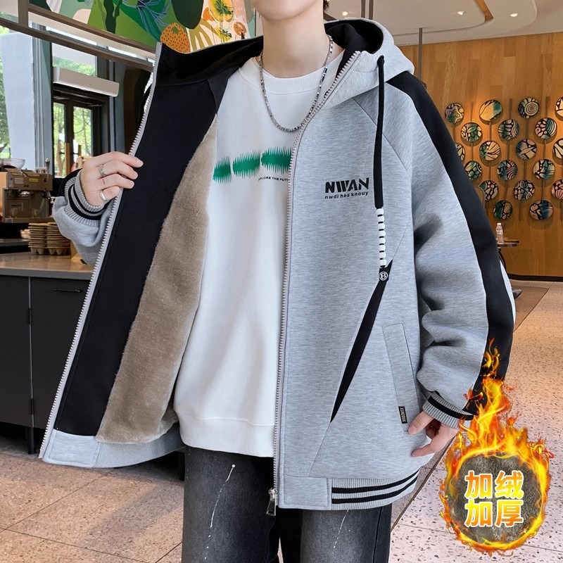 秋冬季胖子加绒加厚开衫连帽外套