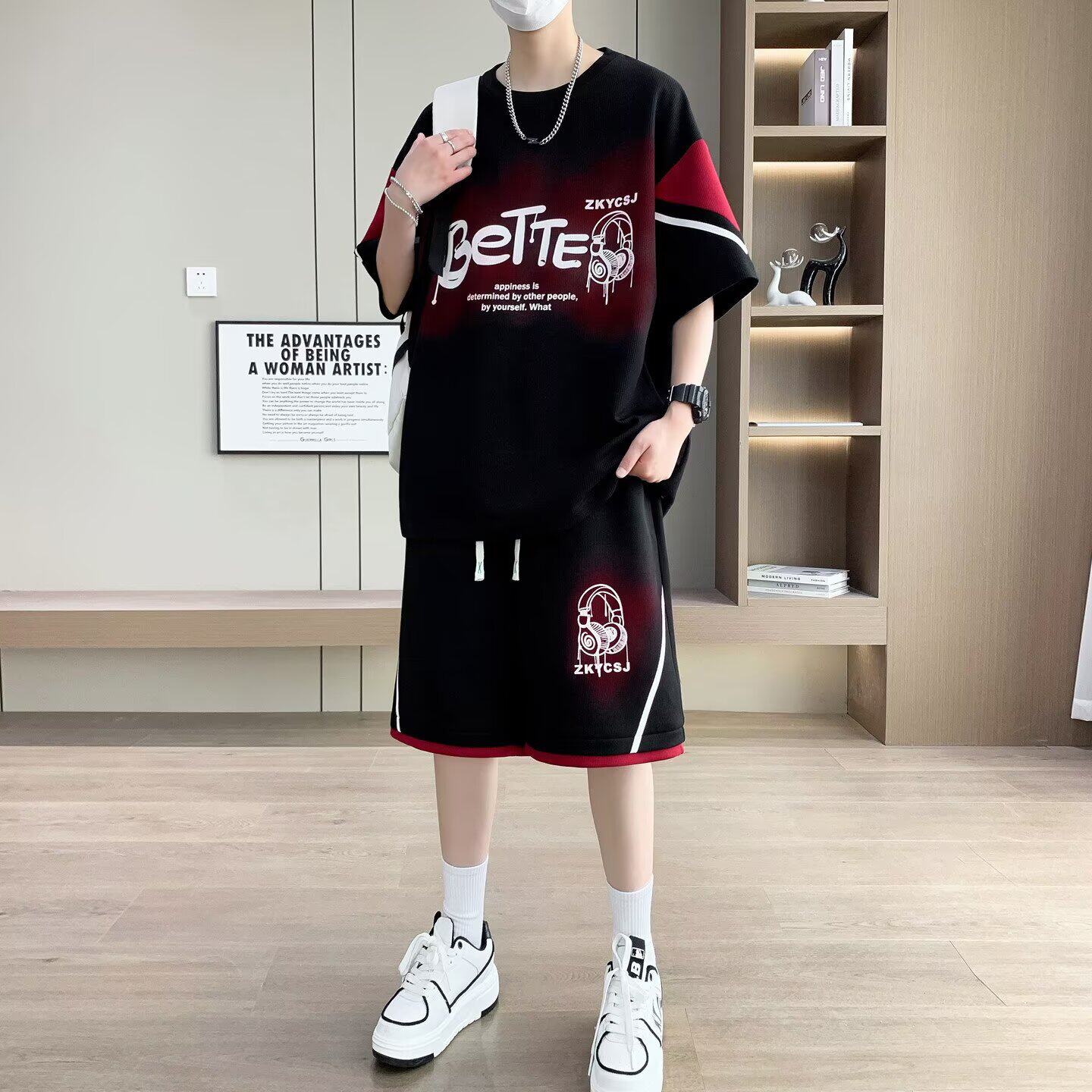 胖子夏季短袖运动套装男士宽松加肥加大码休闲五分袖短裤两件套潮