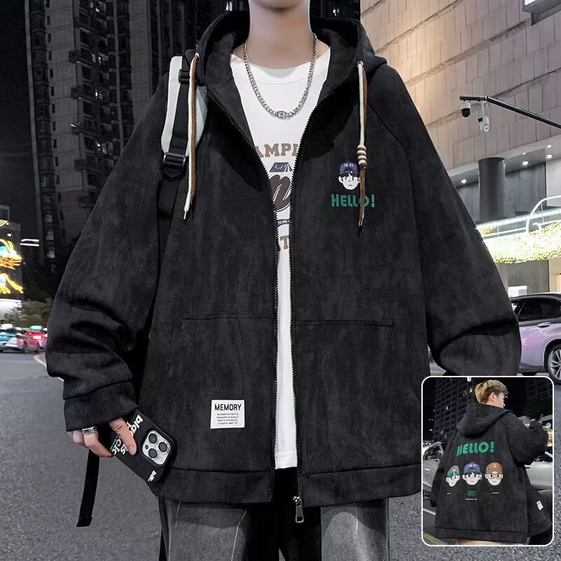 胖子春秋季开衫连帽夹克男士宽松加肥加大码休闲运动工装外套上衣