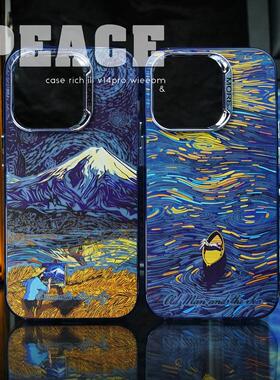 蓝色梵高星空艺术家壳适用于iPhone16promax磨砂苹果15plus大孔12/13硅胶软壳小米13/14Ultra油画保护套