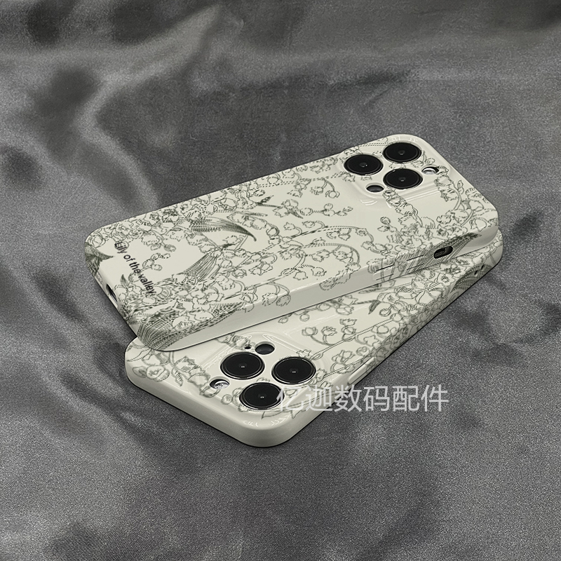 ins铃兰花素描简约适用苹果13手机壳iPhone16promax光面全包菲林14pro硬壳14plus保护套12防摔11超薄高级软壳