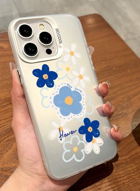 适用于iphone16promax手机壳蓝色线条花朵60375苹果12/13小米14华为Pura70简约个性防滑ins全包软壳小众防摔