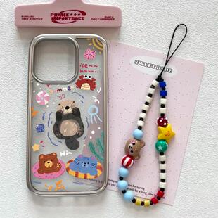 8plus大孔防摔保护壳XSMAX小众原创 14promax情侣卡通软壳苹果7 可爱夏日游泳水獭电镀透明壳适用iPhone16