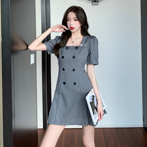 RM8865#港味网红炸街法式桔梗设计感双排扣修身显瘦气质连衣裙