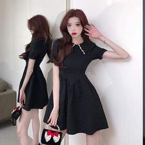 RM9860#港味网红法式设计感重工镶钻复古娃娃领高腰显瘦连衣裙