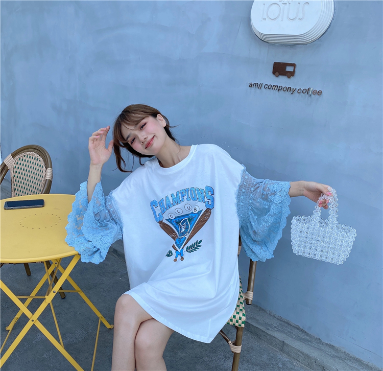 JLSUNFLOWER夏季洋气蕾丝拼接宽松大码t恤显瘦纯棉短袖女装上衣新