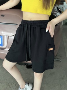 JL SUNFLOWER黑色休闲运动短裤女夏季高腰显瘦口袋裤子宽松阔腿裤