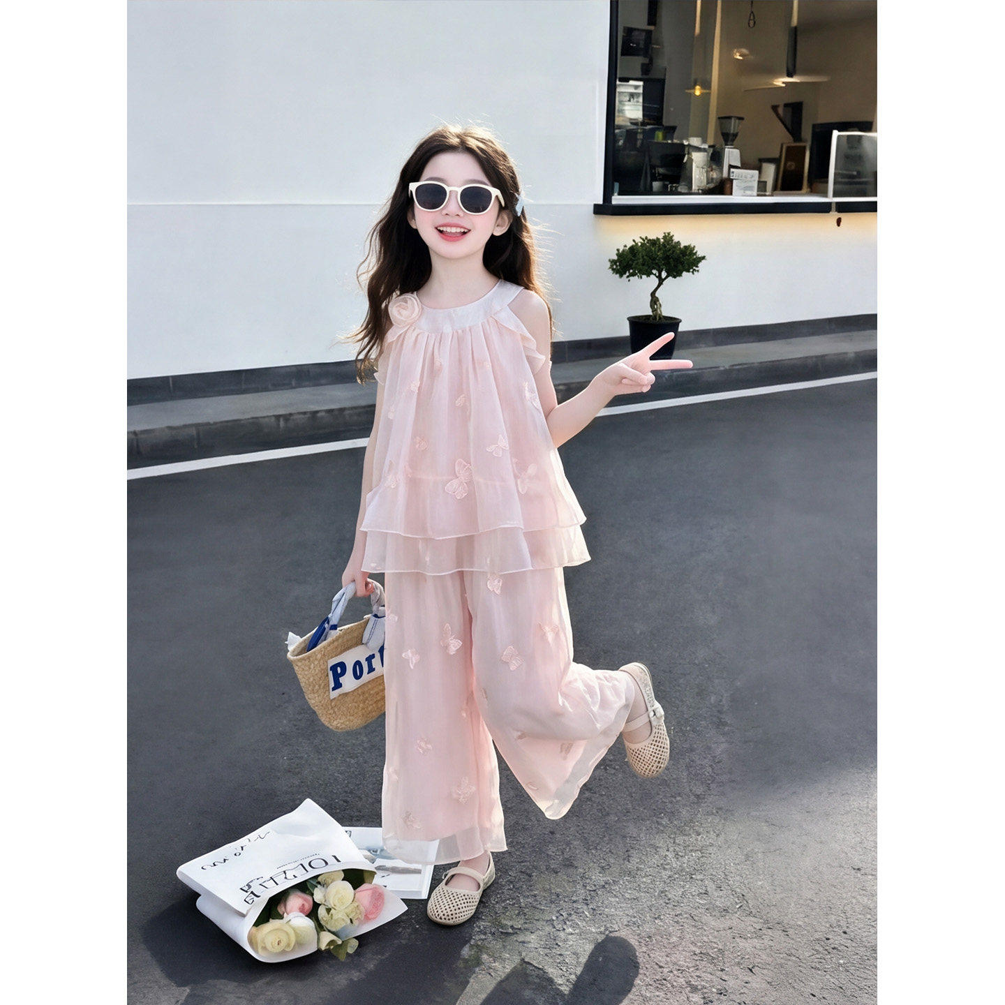 女童挂脖裤裙套装夏装2026新款宽松女孩雪纺夏季超漂亮衣服速干潮