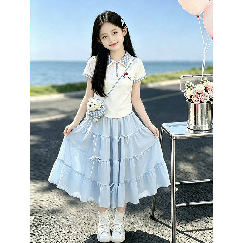 女童夏季套装2026新款儿童Polo衫T恤夏装潮女孩网纱半身裙两件套