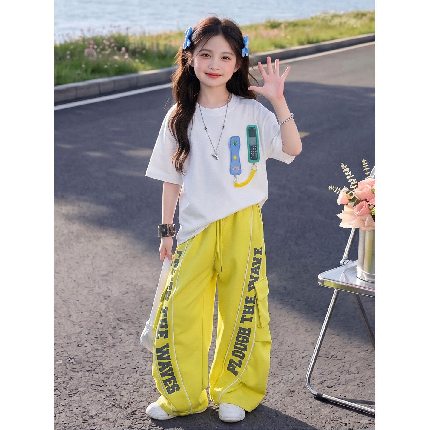 女童套装夏季2026新款女孩中大童滚绳阔腿工装裤儿童印花两件套潮